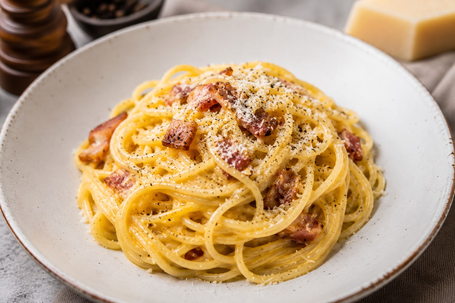 Bowl of handmade pasta carbonara