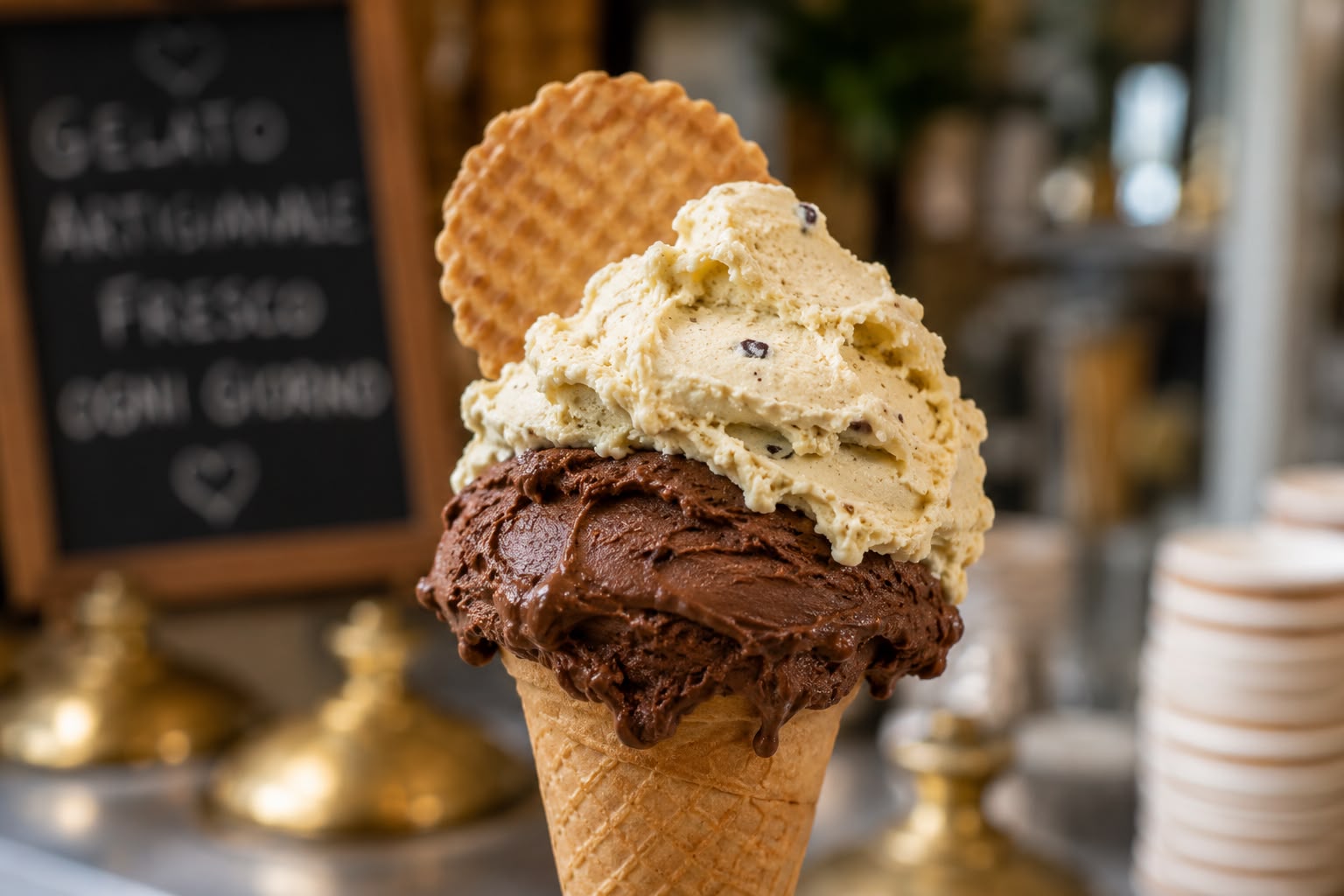 Artisan gelato cone with chocolate and pistachio